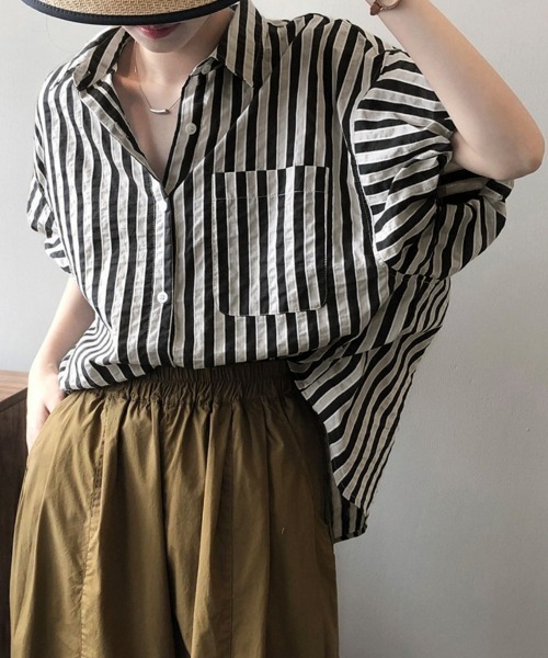 Miniministore(ミニミニストア)の「ストライプ半袖シャツレディース体型カバー(シャツ/ブラウス・レディース・グリーン/ブラック・L/M)」の10枚目の写真