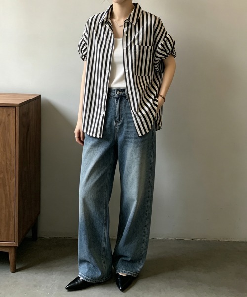Miniministore(ミニミニストア)の「ストライプ半袖シャツレディース体型カバー(シャツ/ブラウス・レディース・グリーン/ブラック・L/M)」の11枚目の写真
