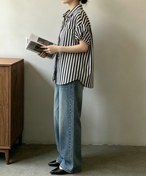 Miniministore(ミニミニストア)の「ストライプ半袖シャツレディース体型カバー(シャツ/ブラウス・レディース・グリーン/ブラック・L/M)」の12枚目の写真