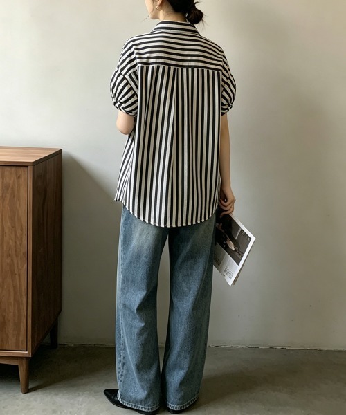 Miniministore(ミニミニストア)の「ストライプ半袖シャツレディース体型カバー(シャツ/ブラウス・レディース・グリーン/ブラック・L/M)」の13枚目の写真