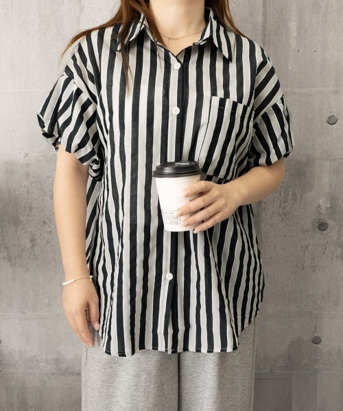 Miniministore(ミニミニストア)の「ストライプ半袖シャツレディース体型カバー(シャツ/ブラウス・レディース・グリーン/ブラック・L/M)」の17枚目の写真