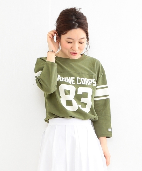 B:MING by BEAMS（ビーミングバイビームス）の「RUSSELL ATHLETIC×ビーミング by ビームス / 別注 ミニ裏毛7分袖Tシャツ（Tシャツ/カットソー・レディース・ホワイト/ホワイト系その他/オリーブ・ONE SIZE）」の5枚目の写真