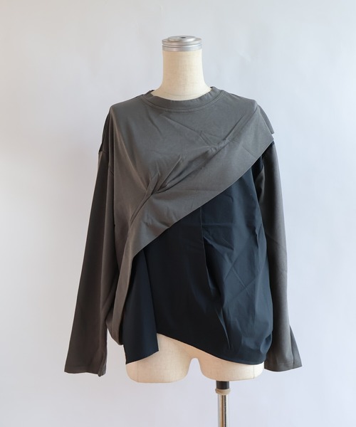 etre relie(エトレリー)の「布帛切替アシメプルオーバー(Tシャツ/カットソー・レディース・オフホワイト/ミント/サックスブルー/チャコールグレー・MEDIUM)」の3枚目の写真