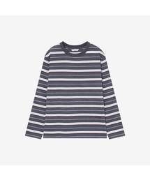 [W]グレー マルチストライプ ラウンドネック 長袖 Tシャツ