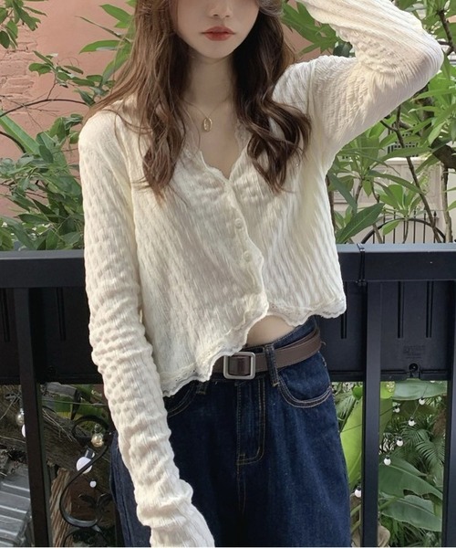 MAISON DE THERESE(メゾン ド テレーズ)の「レースクロップド 薄手シアーカーディガン 日除け 冷房対策 ショート丈(カーディガン/ボレロ・レディース・PINK/アイボリー・M)」の4枚目の写真