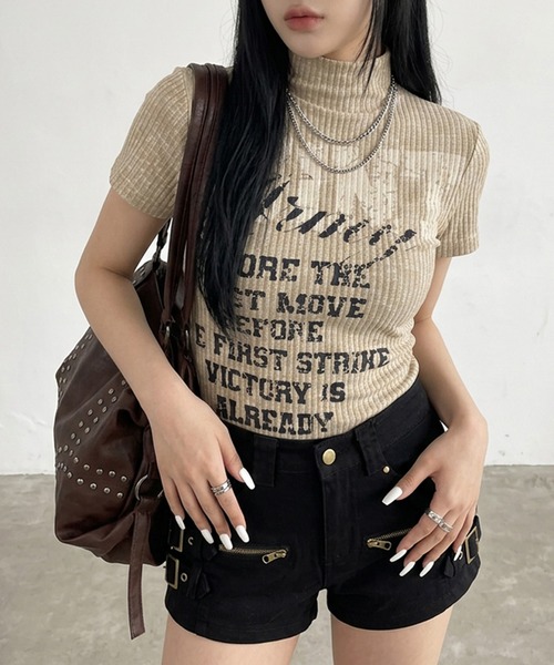 non-hedge(ノンヘッジ)の「リブハイネックロゴトップス(Tシャツ/カットソー・レディース・ブラック/ベージュ/イエロー/ピンク・FREE)」の8枚目の写真