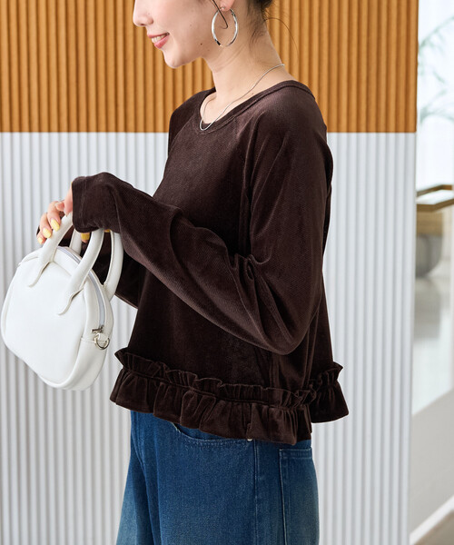 FREAK'S STORE(フリークスストア)の「限定展開 シアー フロッキー 裾フリル ロングスリーブ トップス(Tシャツ/カットソー・レディース・ブラック/ブラウン/マスタード/グレー・フリ-)」の1枚目の写真