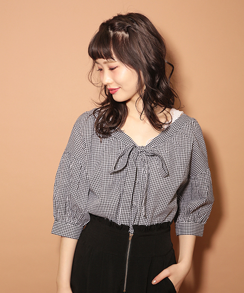 one after another NICE CLAUP(ワンアフターアナザーナイスクラップ)の「オンナっぽリボンブラウス(シャツ/ブラウス・レディース・ベージュ/チェック/オフホワイト/ブラック・FREE)」の4枚目の写真