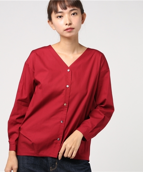 liflattie ships（リフラティ シップス）の「liflattie ships: ブロード Vネック オープン ブラウス（シャツ/ブラウス・レディース・オフホワイト/レッド・MEDIUM/SMALL）」の4枚目の写真