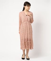 プリント柄 カシュクール長袖シフォンワンピース