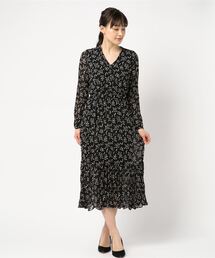 プリント柄 カシュクール長袖シフォンワンピース