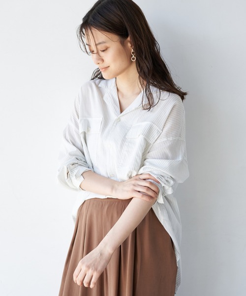 AMERICAN HOLIC（アメリカンホリック）の「Wポケット開襟シャツ　＊〇（シャツ/ブラウス・レディース・ブラック/オフホワイト/モカ/ストライプ/ドット/その他14・M/L）」の5枚目の写真