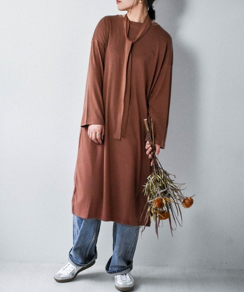 muure（ミュール）の「＊オススメ＊ 共布ベルト付きカットソーワンピース（ワンピース・レディース・ブラック/ブラウン・FREE）」の5枚目の写真