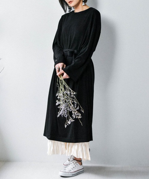 muure（ミュール）の「＊オススメ＊ 共布ベルト付きカットソーワンピース（ワンピース・レディース・ブラック/ブラウン・FREE）」の4枚目の写真