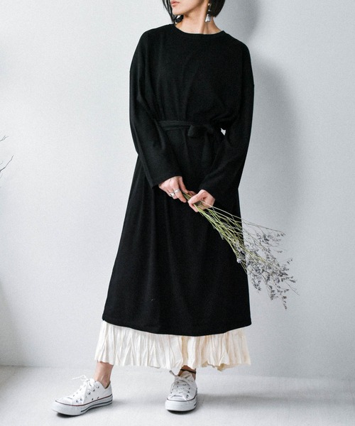 muure（ミュール）の「＊オススメ＊ 共布ベルト付きカットソーワンピース（ワンピース・レディース・ブラック/ブラウン・FREE）」の7枚目の写真