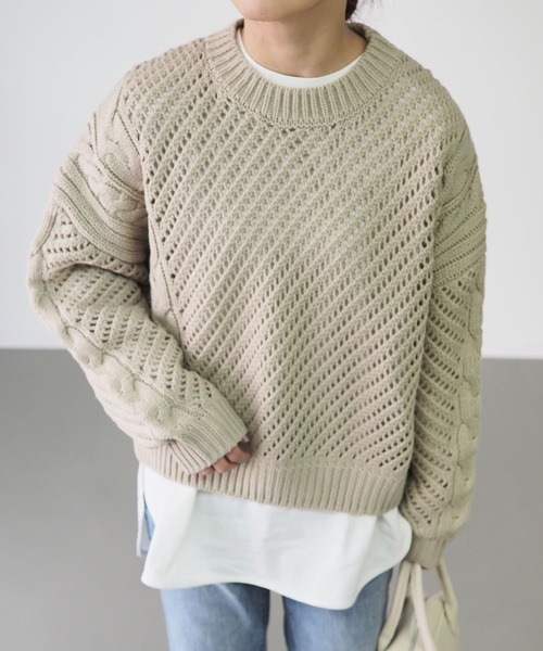 Riberry(リベリー)の「透かし柄ニット(ニット/セーター・レディース・チャコールグレー/オフホワイト/ブラック/ベージュ/カーキ・MEDIUM)」の1枚目の写真