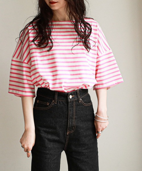 feepur（フェピュール）の「バスクボーダー5分袖BIGプルオーバー（Tシャツ/カットソー・レディース・ホワイト×ブルー/ホワイト×ネイビー/ホワイト×ピンク・MEDIUM）」の3枚目の写真