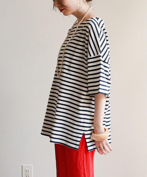 feepur（フェピュール）の「バスクボーダー5分袖BIGプルオーバー（Tシャツ/カットソー・レディース・ホワイト×ブルー/ホワイト×ネイビー/ホワイト×ピンク・MEDIUM）」の9枚目の写真