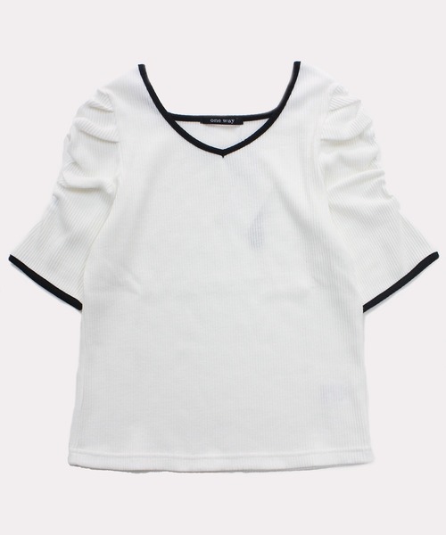 one way(ワンウェイ)の「【oneway】配色そでギャザーテレコトップス(Tシャツ/カットソー・レディース・ベージュ/ブラック/ホワイト/パープル・FREE)」の1枚目の写真