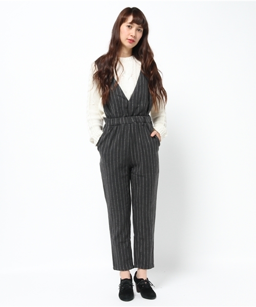 OUTLET（アウトレット）の「【Kastane】フラノVアキサロペット（サロペット/オーバーオール・レディース・ネイビー/ストライプ・FREE）」の2枚目の写真