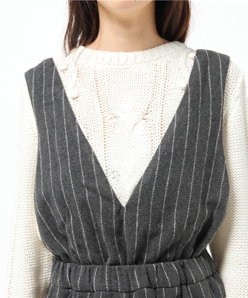 OUTLET（アウトレット）の「【Kastane】フラノVアキサロペット（サロペット/オーバーオール・レディース・ネイビー/ストライプ・FREE）」の8枚目の写真