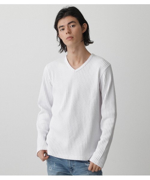 AZUL by moussy(アズールバイマウジー)の「HEAVY WAFFLE V/N LONG TEE/ヘビーワッフルV/NロングT(Tシャツ/カットソー・メンズ・ホワイト/杢グレー/ブラック・MEDIUM/LARGE/SMALL)」の2枚目の写真