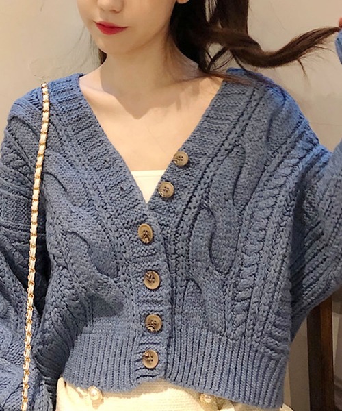 Primazel（プリマゼル）の「ショート丈 ケーブル編み カーディガン（カーディガン/ボレロ・レディース・ブルー/アイボリー/モカ・M）」の7枚目の写真