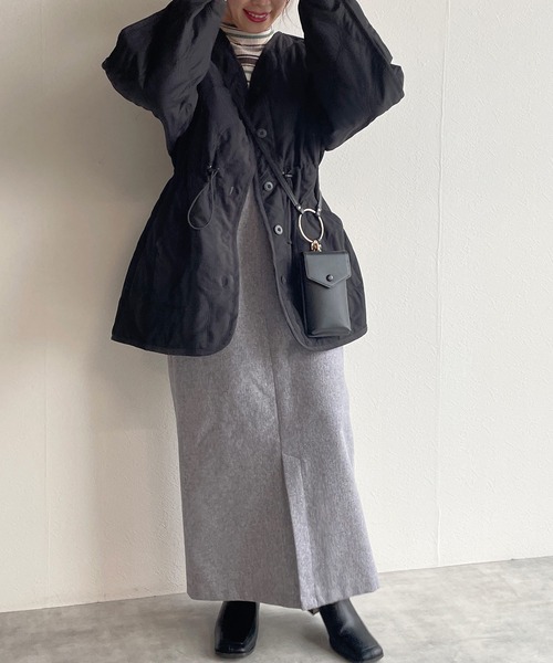 w closet（ダブルクローゼット）の「VネックWステッチひょうたんキルティングジャケット（ダウンジャケット/コート・レディース・カーキ/ブラック/ベージュ系その他/アイボリー・FREE）」の14枚目の写真