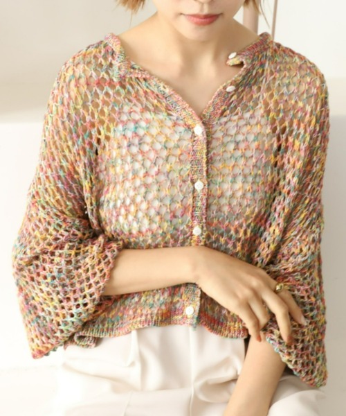 moment+（モーメントプラス）の「【累計販売枚数1万枚突破！】ゆるメッシュ透かし編みクルーネックニットカーディガン（カーディガン/ボレロ・レディース・ブラック/ベージュ/レッド/ピンク/オレンジ/ブルー/グリーン/アイボリー/マルチ/イエロー/ナチュラル・M/L）」の11枚目の写真