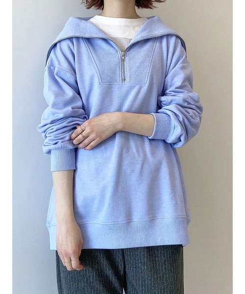 Samansa Mos2 blue(サマンサモスモスブルー)の「裏起毛ハーフジップスウェット(スウェット・レディース・ベージュ/サックスブルー/チャコール・フリ-)」の1枚目の写真