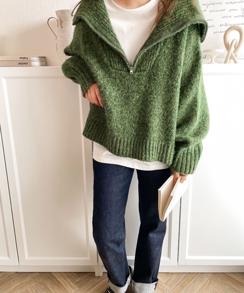 《JaVaジャバコラボ》ふわふわに癒され。ミックスカラー糸ハーフジップニットプルオーバー