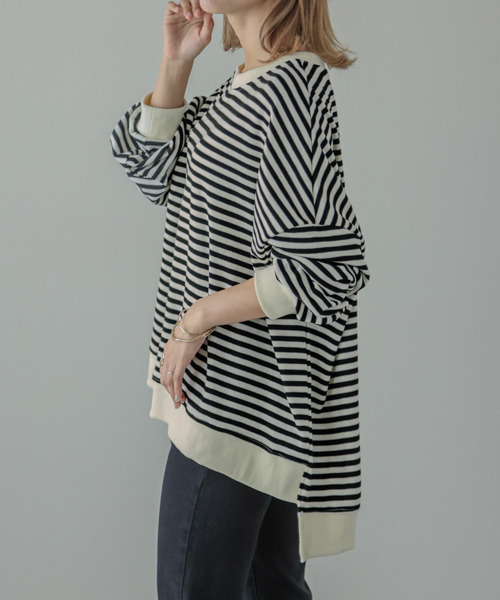 La-gemme(ラジェム)の「ボーダーニットトップス(Tシャツ/カットソー・レディース・ブラック/ブラウン/ブルー/グリーン・フリー)」の19枚目の写真