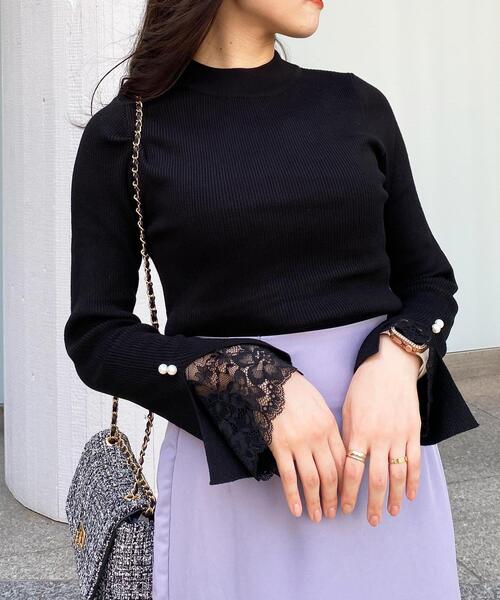 INGNI(イング)の「フレアスリーブレースニット(ニット/セーター・レディース・ブラック/オフホワイト/ピンク・M)」の9枚目の写真