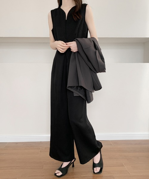 スキッパーネックワイドシルエットオールインワン