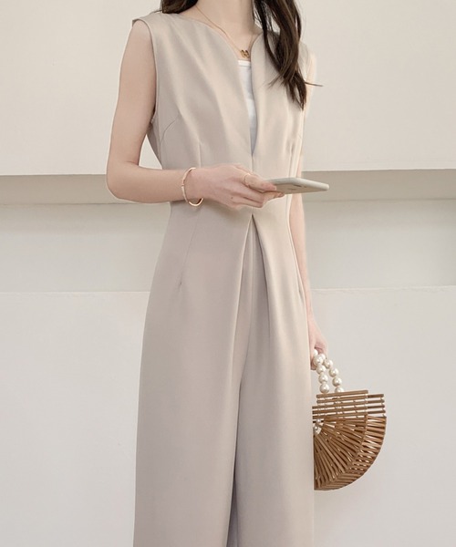 セール】スキッパーネックワイドシルエットオールインワン