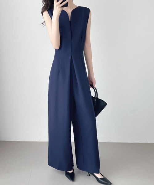 セール】スキッパーネックワイドシルエットオールインワン