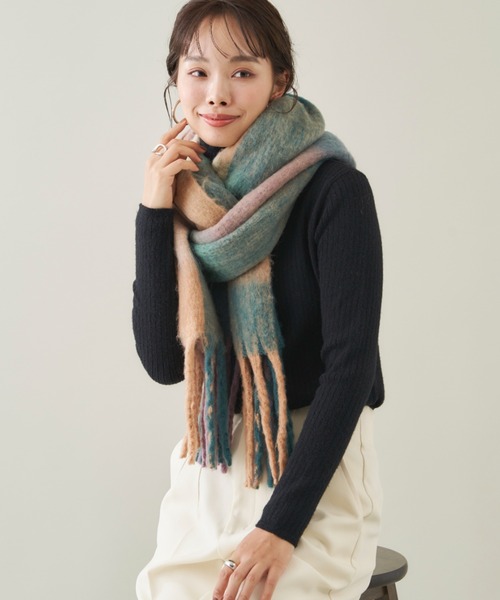 Shelly island（シェリーアイランド）の「ボリュームチェックフリンジマフラー（マフラー・レディース・オレンジ/ベージュ/ブラウン・FREE）」の8枚目の写真