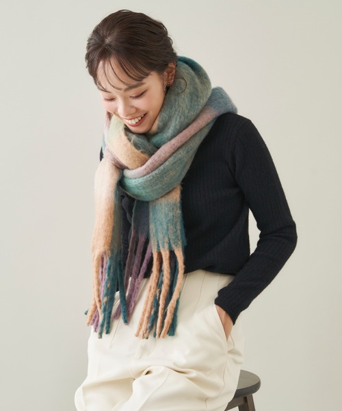 Shelly island（シェリーアイランド）の「ボリュームチェックフリンジマフラー（マフラー・レディース・オレンジ/ベージュ/ブラウン・FREE）」の7枚目の写真