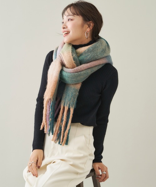 Shelly island（シェリーアイランド）の「ボリュームチェックフリンジマフラー（マフラー・レディース・オレンジ/ベージュ/ブラウン・FREE）」の6枚目の写真