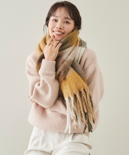 Shelly island（シェリーアイランド）の「ボリュームチェックフリンジマフラー（マフラー・レディース・オレンジ/ベージュ/ブラウン・FREE）」の10枚目の写真