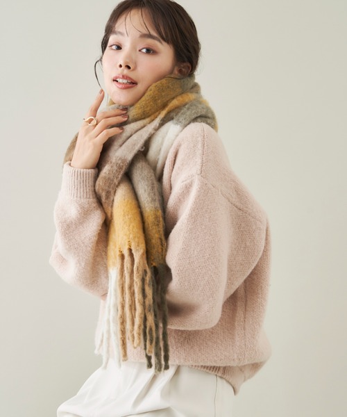 Shelly island（シェリーアイランド）の「ボリュームチェックフリンジマフラー（マフラー・レディース・オレンジ/ベージュ/ブラウン・FREE）」の13枚目の写真