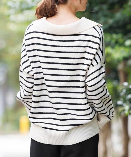 mili an deni（ミリアンデニ）の「スキッパーボーダーニットプルオーバー（ニット/セーター・レディース・ブラック/アイボリー・M）」の3枚目の写真