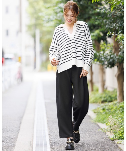 mili an deni（ミリアンデニ）の「スキッパーボーダーニットプルオーバー（ニット/セーター・レディース・ブラック/アイボリー・M）」の4枚目の写真