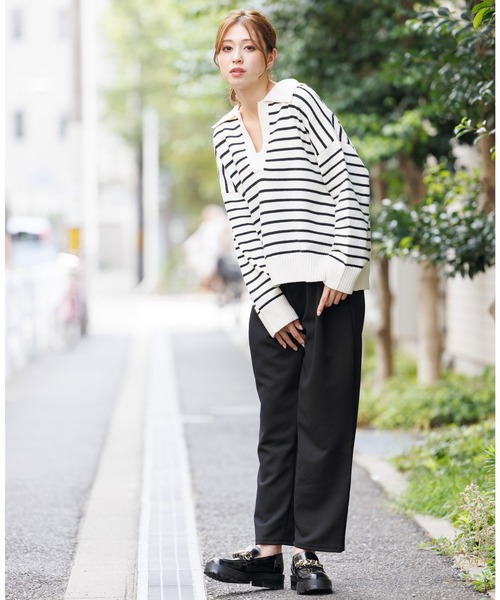 mili an deni（ミリアンデニ）の「スキッパーボーダーニットプルオーバー（ニット/セーター・レディース・ブラック/アイボリー・M）」の5枚目の写真