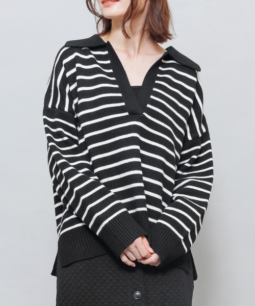 mili an deni（ミリアンデニ）の「スキッパーボーダーニットプルオーバー（ニット/セーター・レディース・ブラック/アイボリー・M）」の6枚目の写真