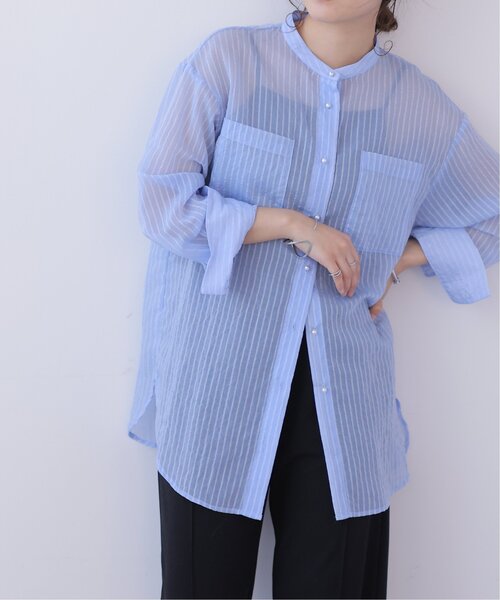 S/M/L展開パールボタンシアーストライプシャツ