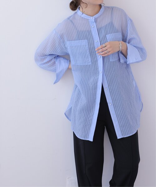 S/M/L展開パールボタンシアーストライプシャツ