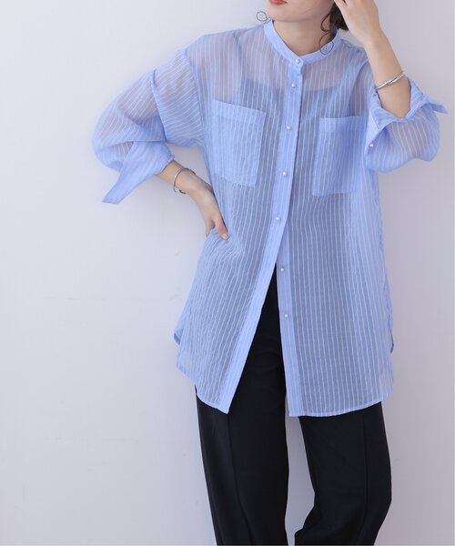 S/M/L展開パールボタンシアーストライプシャツ