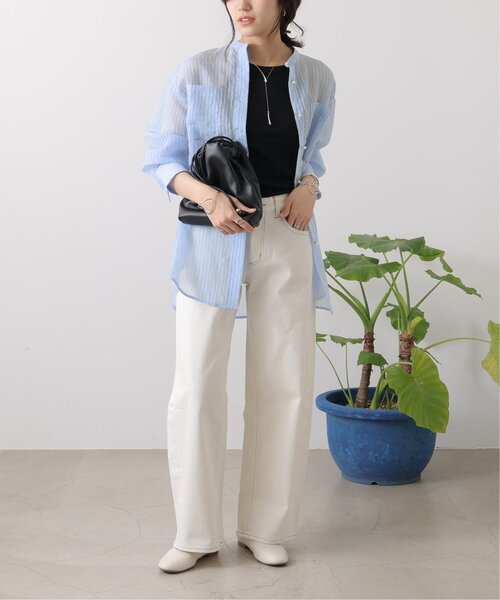 S/M/L展開パールボタンシアーストライプシャツ