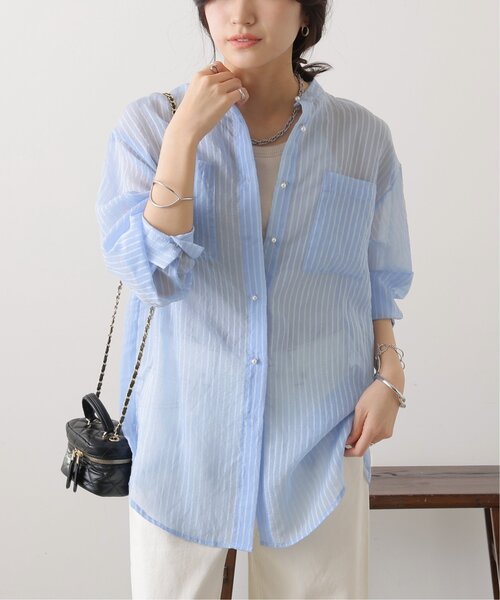 S/M/L展開パールボタンシアーストライプシャツ